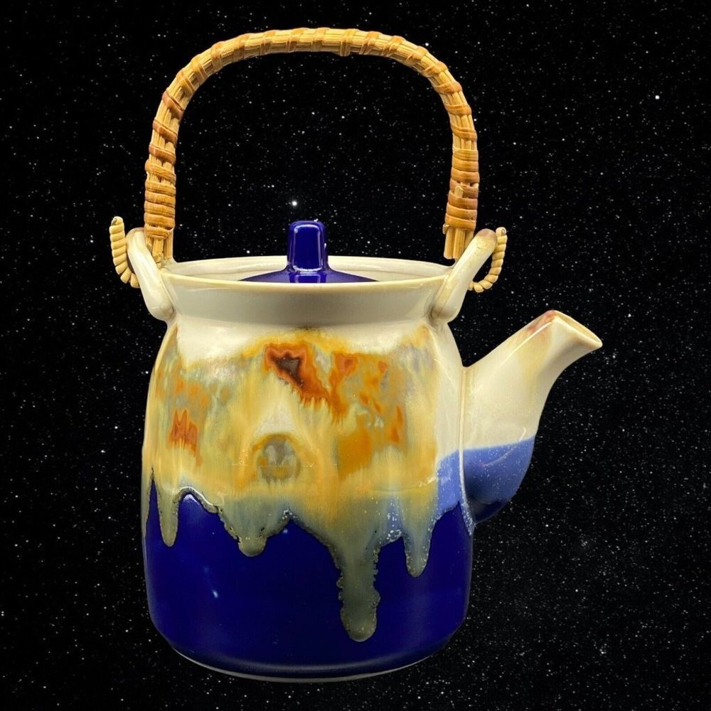 Vintage Inarco Japan Drip Glaze Cobalt‎ Blue Wicker Handle Teapot 8”T 6.5”W